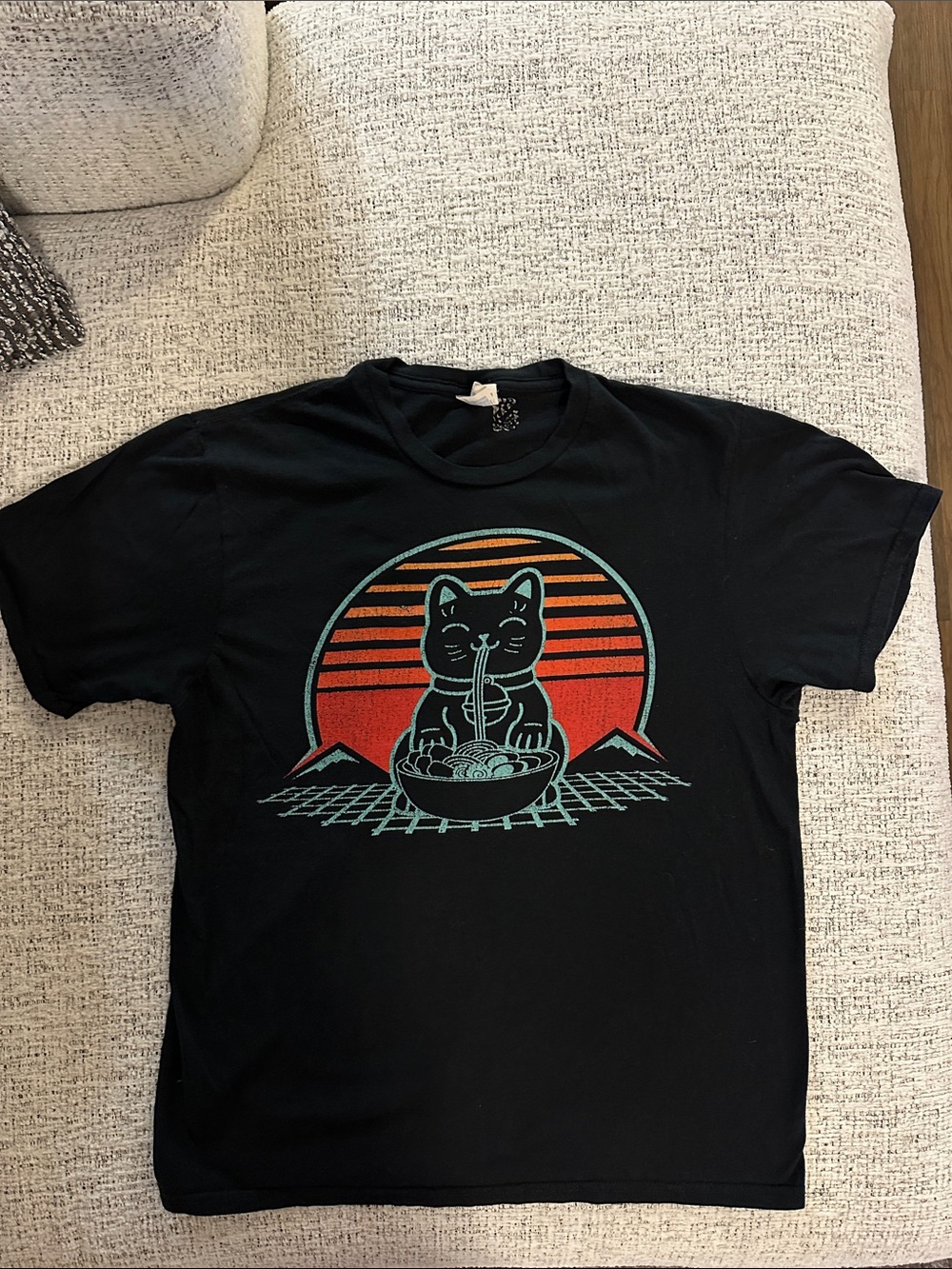 Ramen Noodle Cat Black Tee with Teal Cat & Orange Sunset Graphic